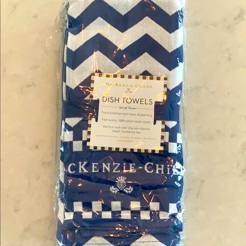 Mackenzie Childs blue and white dish towel. Brand new, never opened. Set of 3